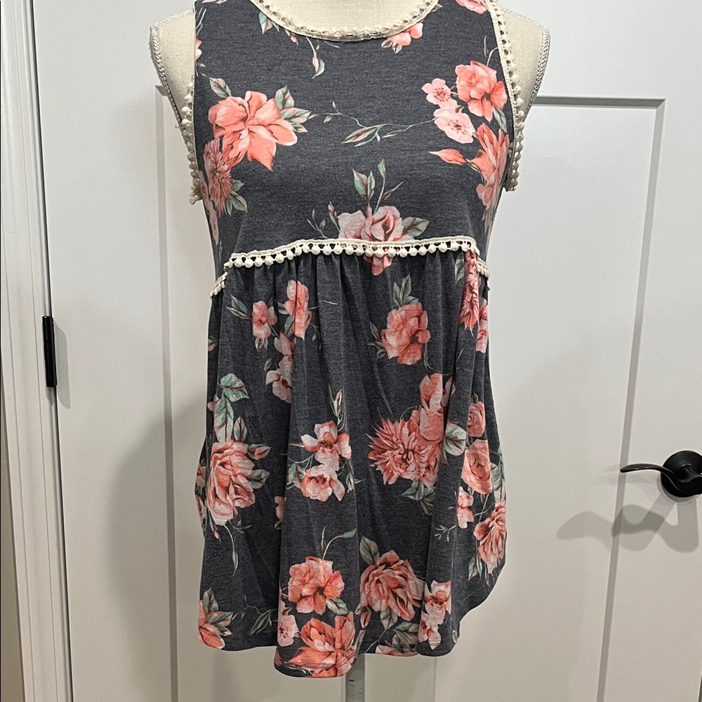 1.4.3. Story by Line Up Floral Tank Top - Dark Gray and Coral